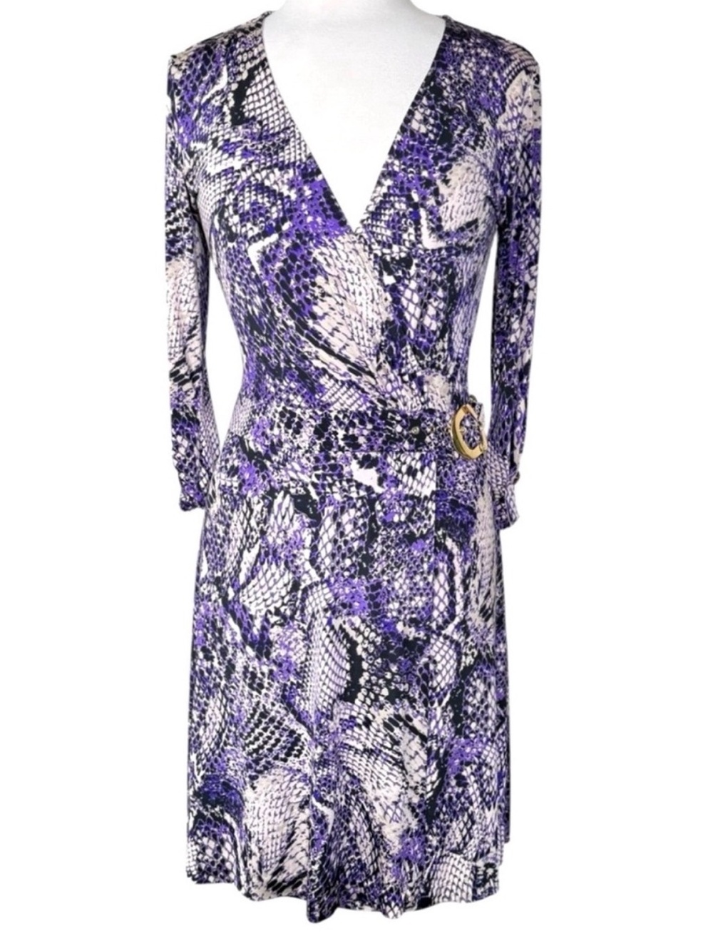 Cache Y2K Purple Snake Print Wrap Dress Gold Buckle Medium